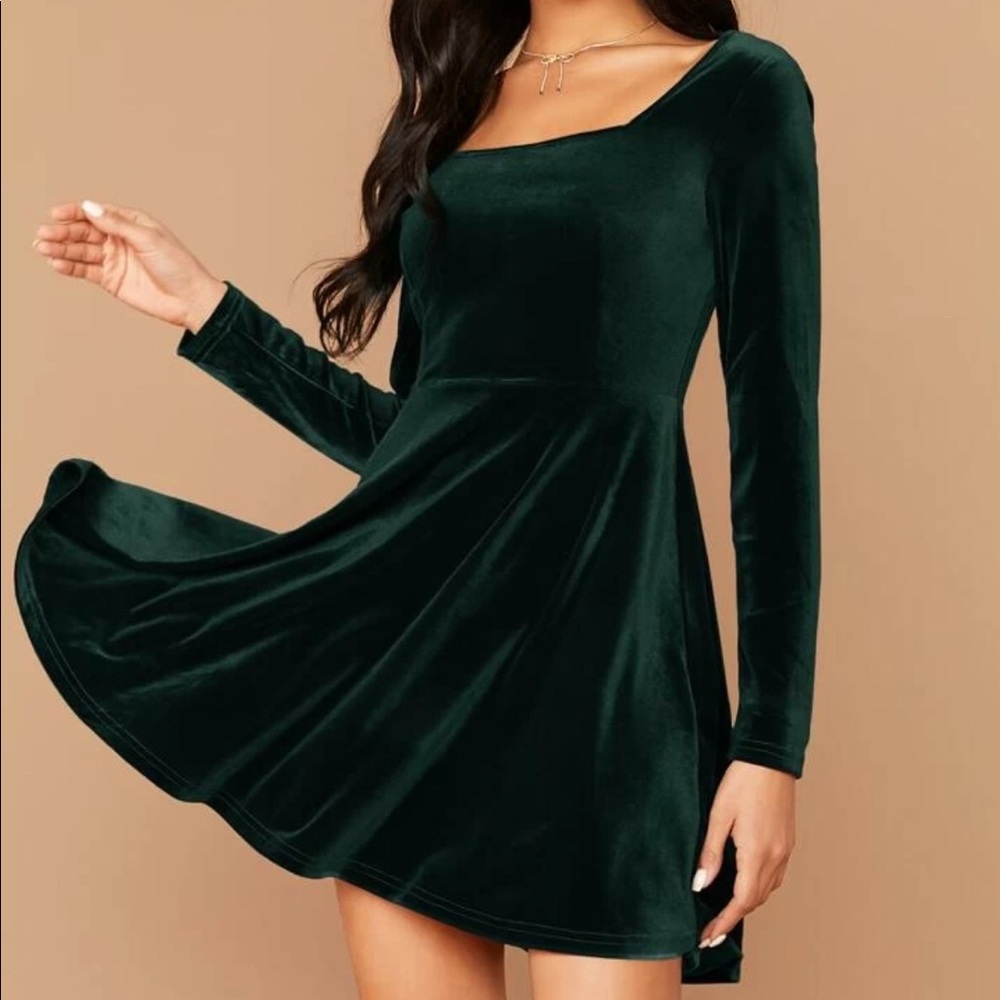 SHEIN Square Neck Solid Velvet green Dress